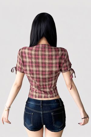 Vintage Pink Plaid V-Neck Ruffle Short Sleeve Button-Up T-Shirt Top - College Style Waist-Defining Casual Wear