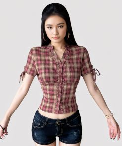 Vintage Pink Plaid V-Neck Ruffle Short Sleeve Button-Up T-Shirt Top - College Style Waist-Defining Casual Wear
