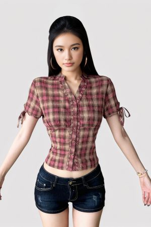 Vintage Pink Plaid V-Neck Ruffle Short Sleeve Button-Up T-Shirt Top - College Style Waist-Defining Casual Wear