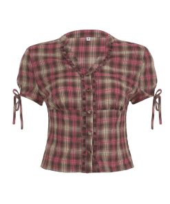 Vintage Pink Plaid V-Neck Ruffle Short Sleeve Button-Up T-Shirt Top - College Style Waist-Defining Casual Wear