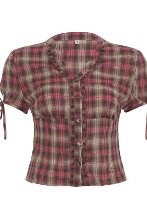 Vintage Pink Plaid V-Neck Ruffle Short Sleeve Button-Up T-Shirt Top - College Style Waist-Defining Casual Wear