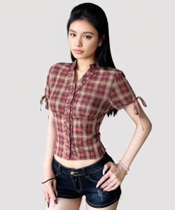 Vintage Pink Plaid V-Neck Ruffle Short Sleeve Button-Up T-Shirt Top - College Style Waist-Defining Casual Wear