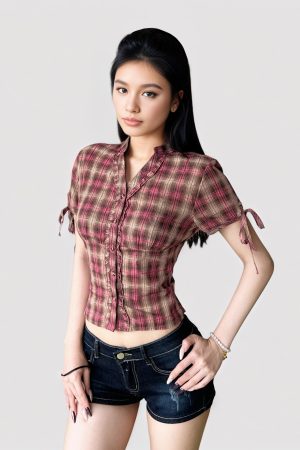 Vintage Pink Plaid V-Neck Ruffle Short Sleeve Button-Up T-Shirt Top - College Style Waist-Defining Casual Wear