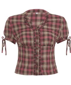 Vintage Pink Plaid V-Neck Ruffle Short Sleeve Button-Up T-Shirt Top - College Style Waist-Defining Casual Wear