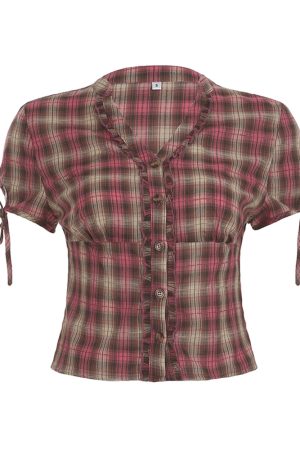 Vintage Pink Plaid V-Neck Ruffle Short Sleeve Button-Up T-Shirt Top - College Style Waist-Defining Casual Wear