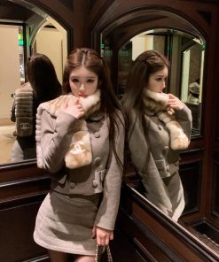 Vintage Plaid Doll Collar Woolen Top and Skirt Women's Set - Chic Temperament Winter Outfit