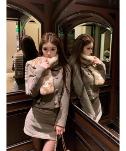 Vintage Plaid Doll Collar Woolen Top and Skirt Women's Set - Chic Temperament Winter Outfit