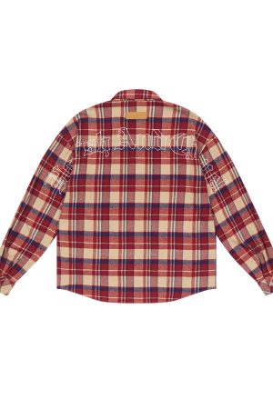 Vintage Plaid Gothic Typography Embroidered Shirt - American Street Style, 90s Inspired Fashion Top