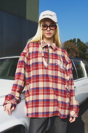 Vintage Plaid Gothic Typography Embroidered Shirt - American Street Style, 90s Inspired Fashion Top