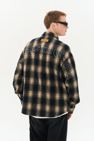 Vintage Plaid Gothic Typography Embroidered Shirt - American Street Style, 90s Inspired Fashion Top