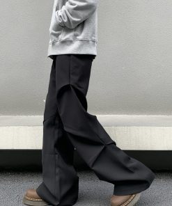 Vintage Pleated Loose Trousers for Men and Women, High Street Micro Flare Wide Leg Floor-Length Pants, 90s Inspired Fashion