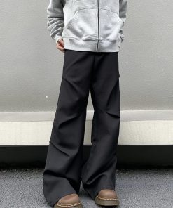 Vintage Pleated Loose Trousers for Men and Women, High Street Micro Flare Wide Leg Floor-Length Pants, 90s Inspired Fashion