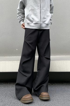 Vintage Pleated Loose Trousers for Men and Women, High Street Micro Flare Wide Leg Floor-Length Pants, 90s Inspired Fashion