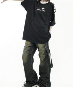 Vintage Pleated Ribbon Flared Denim Pants - Distressed Loose Streetwear for Men and Women, 90s Inspired Fashion