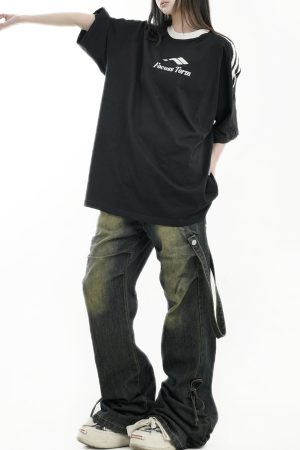 Vintage Pleated Ribbon Flared Denim Pants - Distressed Loose Streetwear for Men and Women, 90s Inspired Fashion