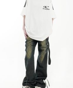 Vintage Pleated Ribbon Flared Denim Pants - Distressed Loose Streetwear for Men and Women, 90s Inspired Fashion