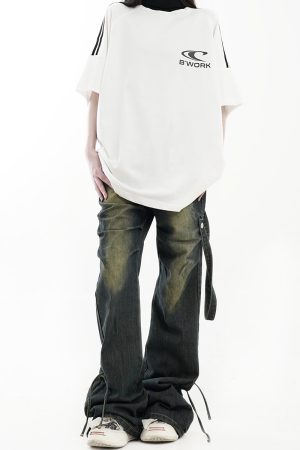 Vintage Pleated Ribbon Flared Denim Pants - Distressed Loose Streetwear for Men and Women, 90s Inspired Fashion