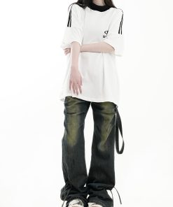 Vintage Pleated Ribbon Flared Denim Pants - Distressed Loose Streetwear for Men and Women, 90s Inspired Fashion