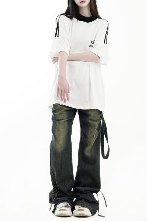 Vintage Pleated Ribbon Flared Denim Pants - Distressed Loose Streetwear for Men and Women, 90s Inspired Fashion