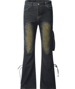 Vintage Pleated Ribbon Flared Denim Pants - Distressed Loose Streetwear for Men and Women, 90s Inspired Fashion