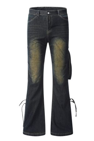 Vintage Pleated Ribbon Flared Denim Pants - Distressed Loose Streetwear for Men and Women, 90s Inspired Fashion