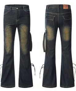 Vintage Pleated Ribbon Flared Denim Pants - Distressed Loose Streetwear for Men and Women, 90s Inspired Fashion