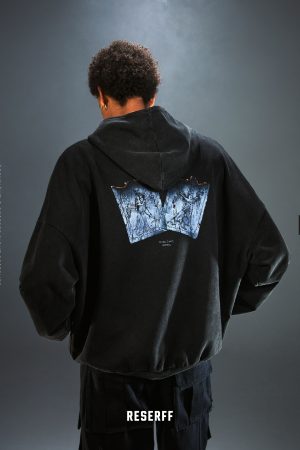 Vintage Print Distressed Wash 500G Heavyweight Loose Fit Pullover Hoodie - Retro Style for 90s and Y2K Fashion Lovers