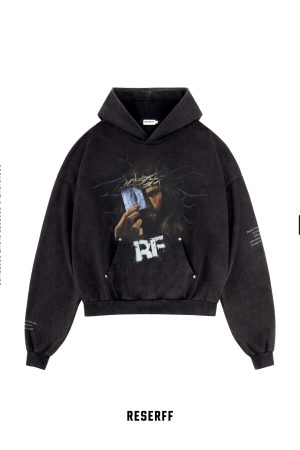 Vintage Print Distressed Wash 500G Heavyweight Loose Fit Pullover Hoodie - Retro Style for 90s and Y2K Fashion Lovers