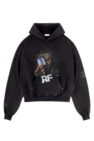 Vintage Print Distressed Wash 500G Heavyweight Loose Fit Pullover Hoodie - Retro Style for 90s and Y2K Fashion Lovers