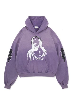 Vintage Print Distressed Wash Heavyweight Loose Fit Pullover Hoodie - 90s Inspired Casual Streetwear Top