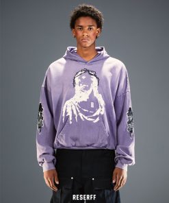 Vintage Print Distressed Wash Heavyweight Loose Fit Pullover Hoodie - 90s Inspired Casual Streetwear Top