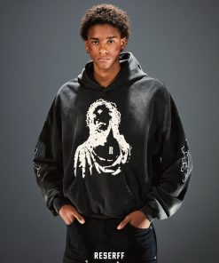 Vintage Print Distressed Wash Heavyweight Loose Fit Pullover Hoodie - 90s Inspired Casual Streetwear Top