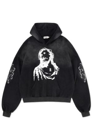 Vintage Print Distressed Wash Heavyweight Loose Fit Pullover Hoodie - 90s Inspired Casual Streetwear Top