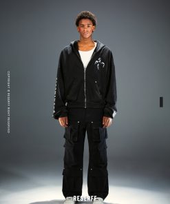 Vintage Print Distressed Wash Heavyweight Loose Fit Pullover Zip Hoodie - 90s Inspired Casual Streetwear