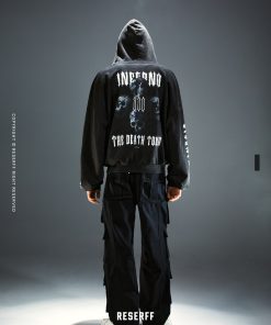 Vintage Print Distressed Wash Heavyweight Loose Fit Pullover Zip Hoodie - 90s Inspired Casual Streetwear