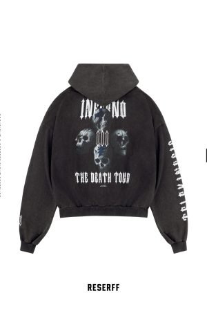 Vintage Print Distressed Wash Heavyweight Loose Fit Pullover Zip Hoodie - 90s Inspired Casual Streetwear