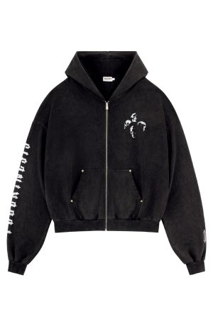 Vintage Print Distressed Wash Heavyweight Loose Fit Pullover Zip Hoodie - 90s Inspired Casual Streetwear