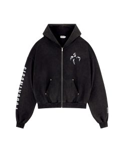 Vintage Print Distressed Wash Heavyweight Loose Fit Pullover Zip Hoodie - 90s Inspired Casual Streetwear