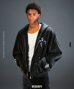 Vintage Print Distressed Wash Heavyweight Loose Fit Pullover Zip Hoodie - 90s Inspired Casual Streetwear