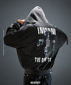 Vintage Print Distressed Wash Heavyweight Loose Fit Pullover Zip Hoodie - 90s Inspired Casual Streetwear