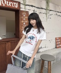 Vintage Print Slim Fit Shoulder T-Shirt for Women - American Retro Short Sleeve Round Neck Top, Trendy 90s Y2K Style