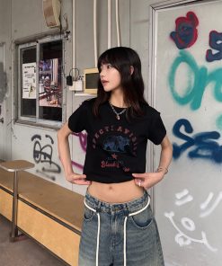 Vintage Print Slim Fit Shoulder T-Shirt for Women - American Retro Short Sleeve Round Neck Top, Trendy 90s Y2K Style