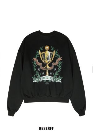 Vintage Printed Distressed Sweatshirt - Heavyweight Loose Fit Pullover for Autumn Winter - Round Neck Cotton Top