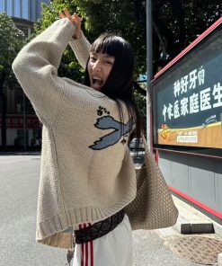 Vintage Pumpkin Dove Jacquard Sweater Cardigan for Women - Loose Fit Long Sleeve Knitted Coat, Perfect for Fall Fashion