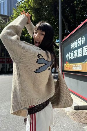 Vintage Pumpkin Dove Jacquard Sweater Cardigan for Women - Loose Fit Long Sleeve Knitted Coat, Perfect for Fall Fashion