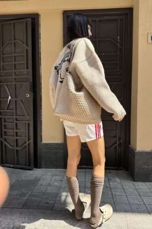 Vintage Pumpkin Dove Jacquard Sweater Cardigan for Women - Loose Fit Long Sleeve Knitted Coat, Perfect for Fall Fashion