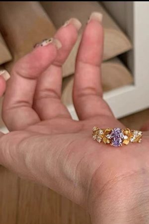 Vintage Purple Bauhinia Flower Textured Small Square Diamond Ring for Women - Lightweight Luxury Retro Index Finger Jewelry 2025