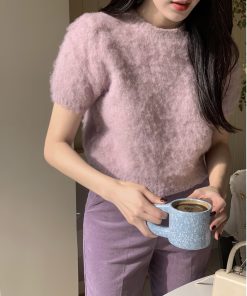 Vintage Purple Short-Sleeve Knitted Top in Wool - IAC Korean Style Fashion Essential for a Timeless Look