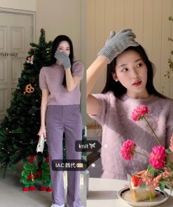 Vintage Purple Short-Sleeve Knitted Top in Wool - IAC Korean Style Fashion Essential for a Timeless Look