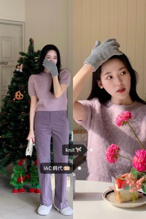 Vintage Purple Short-Sleeve Knitted Top in Wool - IAC Korean Style Fashion Essential for a Timeless Look